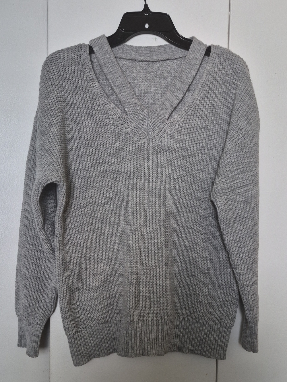 Gray V-Neck Women's Sweater with Neckline Detail